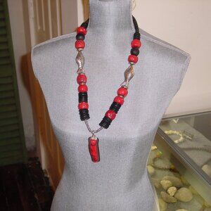 Southwestern Red Coral, Silver Fish Necklace, Red Coral/Silver Pendant - Vintage